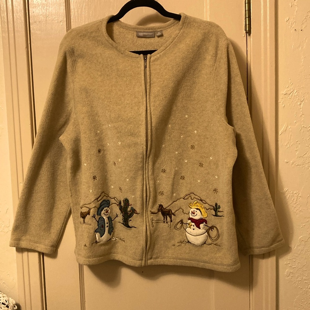 Croft&Barrow 1X Western Snowman Cowboy Christmas Full Zip Fleece Cardigan Tan